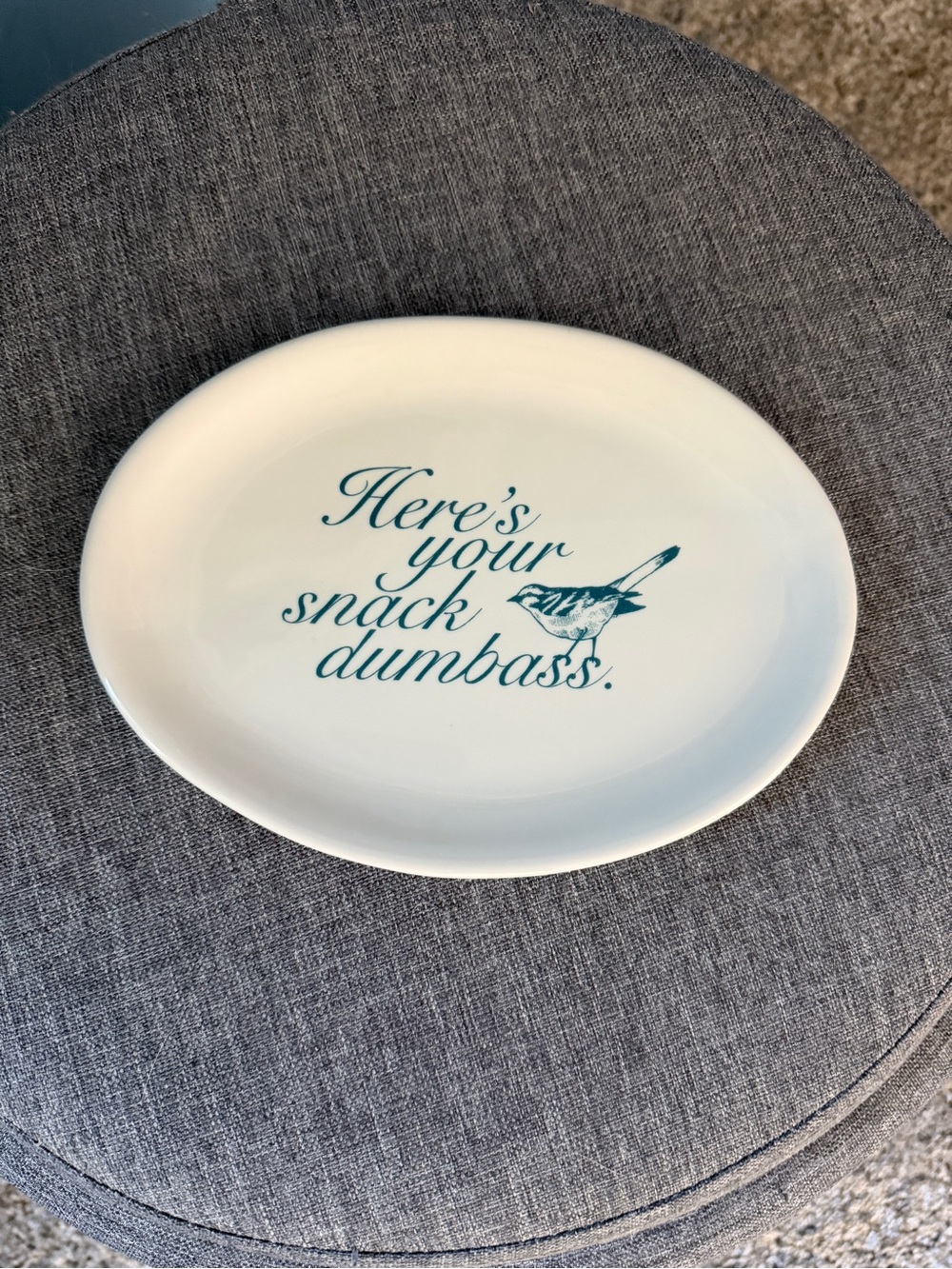 White Ceramic Snack Plate with Teal Script and Bird Motif